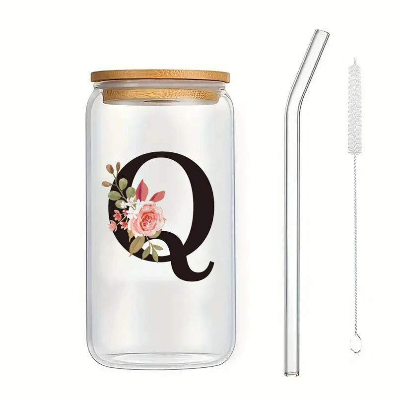 Alphabet Flowers Drinking Glass Letter A-Z Iced Coffee Water Juice Bottle Portable Clear Cup with Lid Straw Brush Birthday Gifts