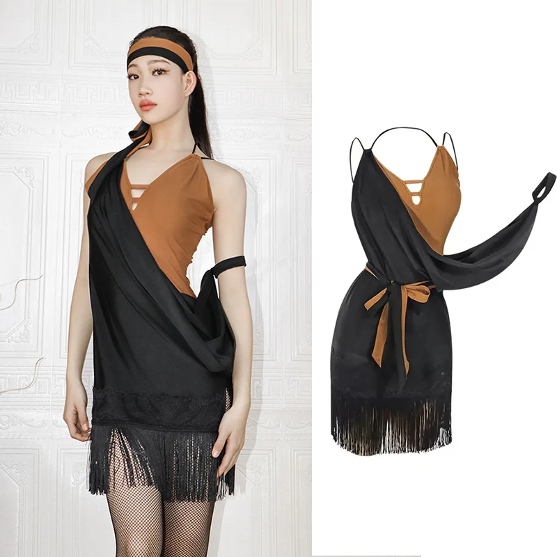 

Fringed Halter Latin Dance Dress Women Tango Ballroom Practice Dancewear ChaCha Competition Costume Samba Rumba Dresses VDB6498