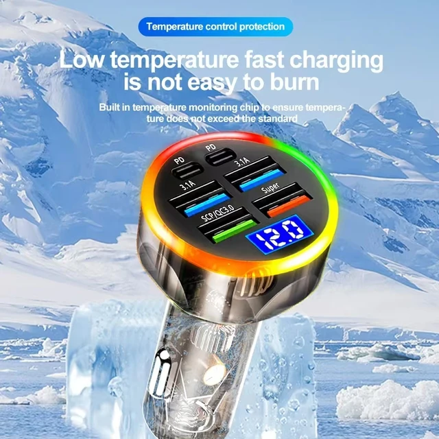 250W Car Charger Quick Charge Cigarette Lighter Adapter 6-Port USB A+USB C Fast Charging Phone Charger for iPhone Xiaomi Samsung 4