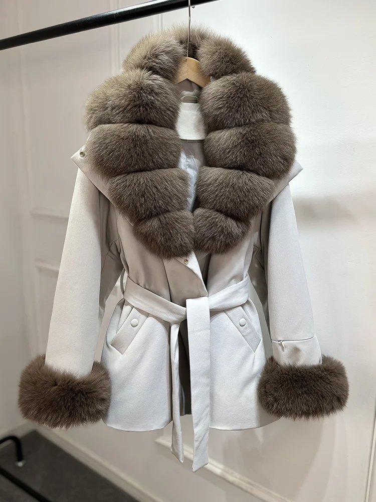 Janveny Luxury Women's Winter Down Jacket 2026 New Large Natural Real Fox Fur Cuff 90% White Duck Down Coat Female Feather Parka