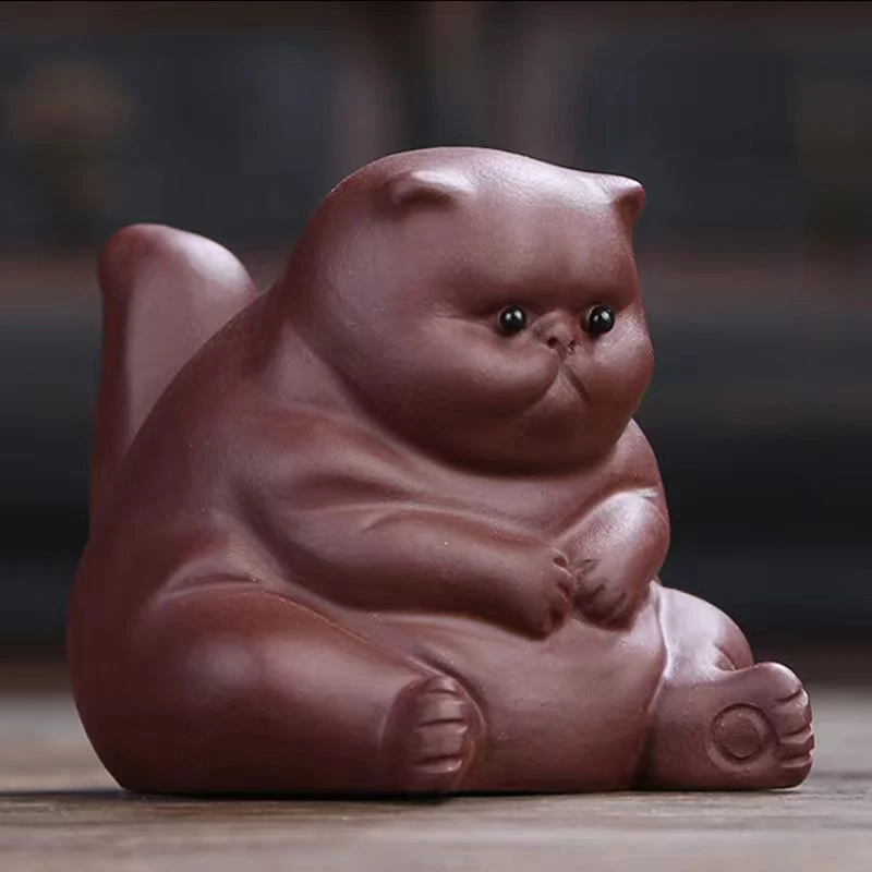 Dark-red Enameled Cute Little Angry Cat Tea Pet Ceramic Animal Crafts Tea Ceremony Accessories Household Ornament Car Decoration tea pet ornaments