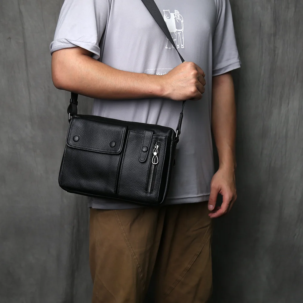 NZPJ Genuine Leather Men's Crossbody Bag Casual Top Layer Cowhide Single Shoulder Trendy Men's Bag For 10 Inch IPad