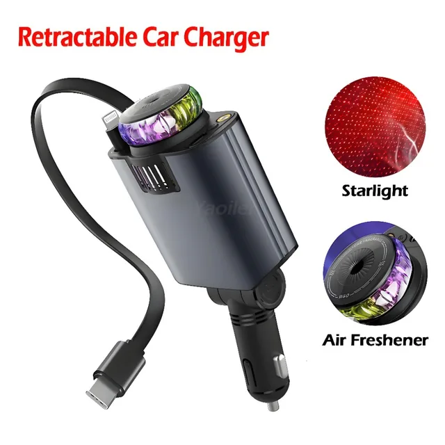 NEW Arrival Starlight Retractable Car USB Charger, 66W 5 in 1 Fast Charging, Car Air Freshener & 2 USB Ports Car Charger Adapter 1