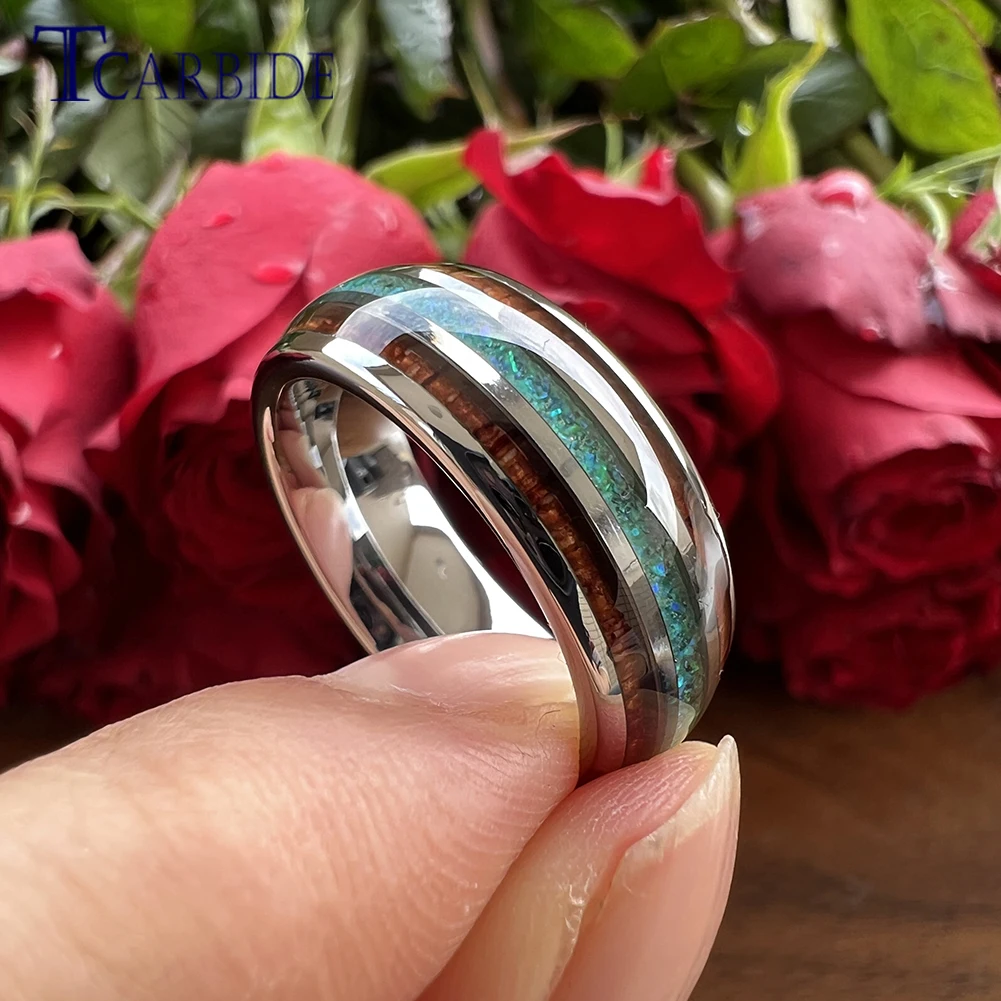 8MM Men Women Black Tungsten Wedding Band Nice Wood Opal Ring Domed Grooved Polished Finish Comfort Fit