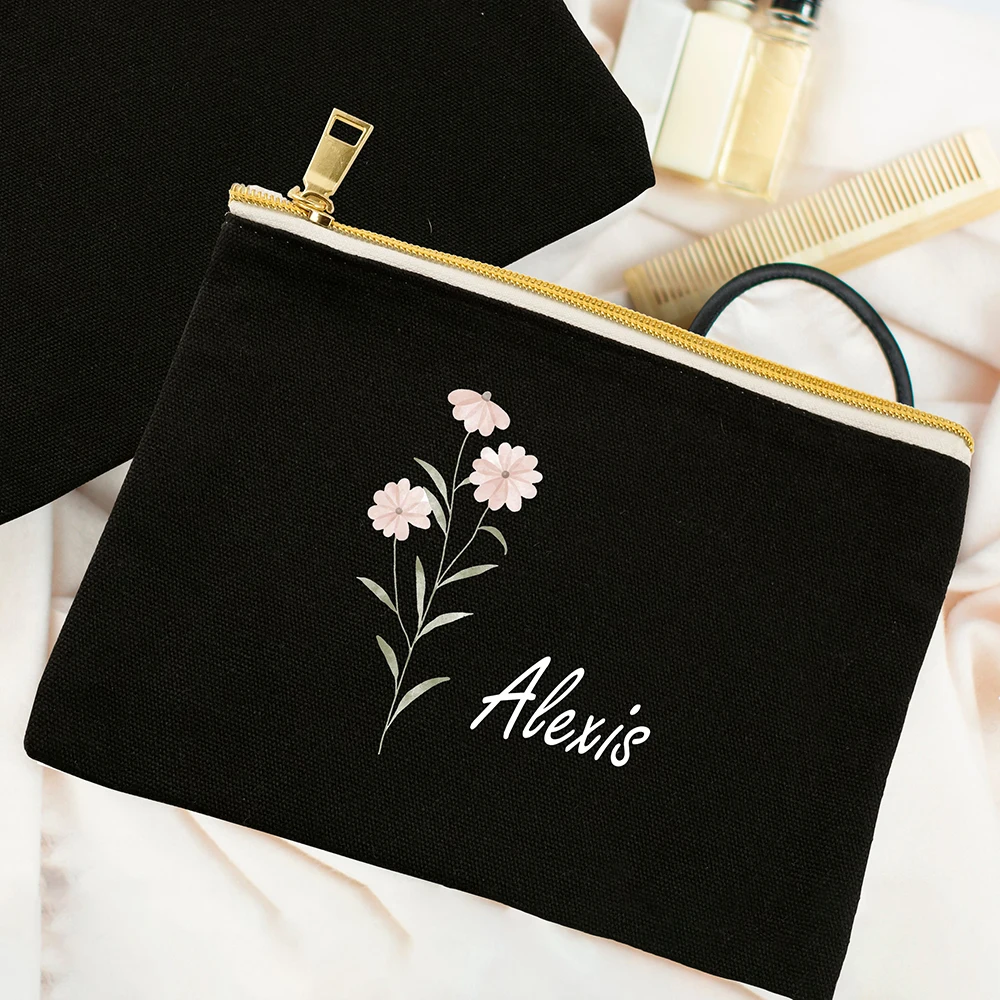 Custom Watercolor Flower Print with Name Makeup Bags Canvas Cosmetics Bag Travel Toiletries Organizer Pouch Clutch Pencil Bag knitted pencil case knitting bag cases for college student pouch trendy bags