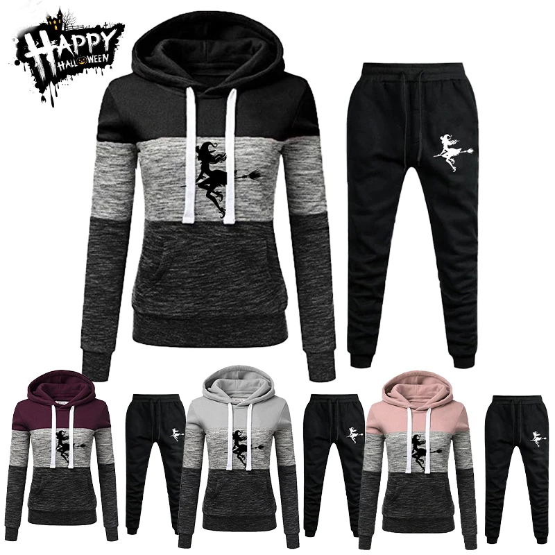 Hot halloween Women Tricolor Hoodie Tracksuits Casual Hooded + Pants Suit Ladies Sport Clothes