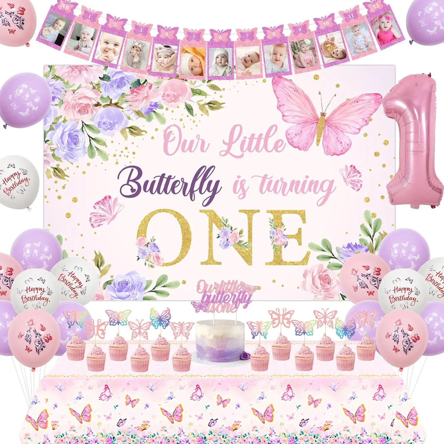 

Butterfly 1st Birthday Decor Our Little Butterfly Is Turning One Backdrop Cake Topper Photo Banner First Birthday Party Supplies