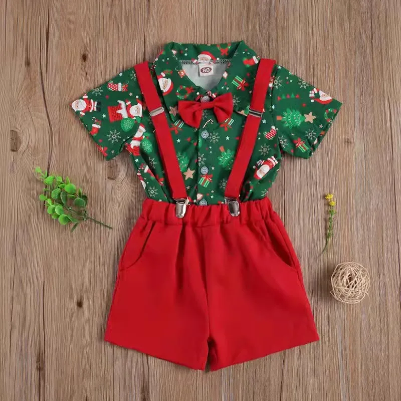 

Детская рубашка с короткими рукавами и шортами на спине в новом стиле 2024 года, Рождественский костюм, галстук-бабочка Санта-Клауса, Костюм Джентльмена, тренд для мальчиков