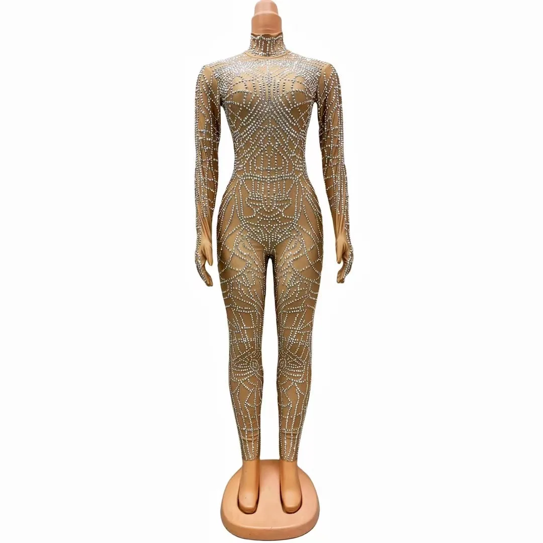 

Silver Full Rhinestones Nude Jumpsuit DanceShow Sexy Bodysuit Evening Birthday CelebrateCostumeleggings dianwang C263