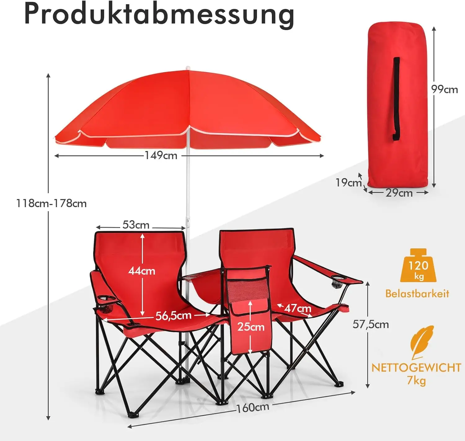 Siège pêche 2 places avec parasol glacière et porte-gobelet pliant pour camping plage