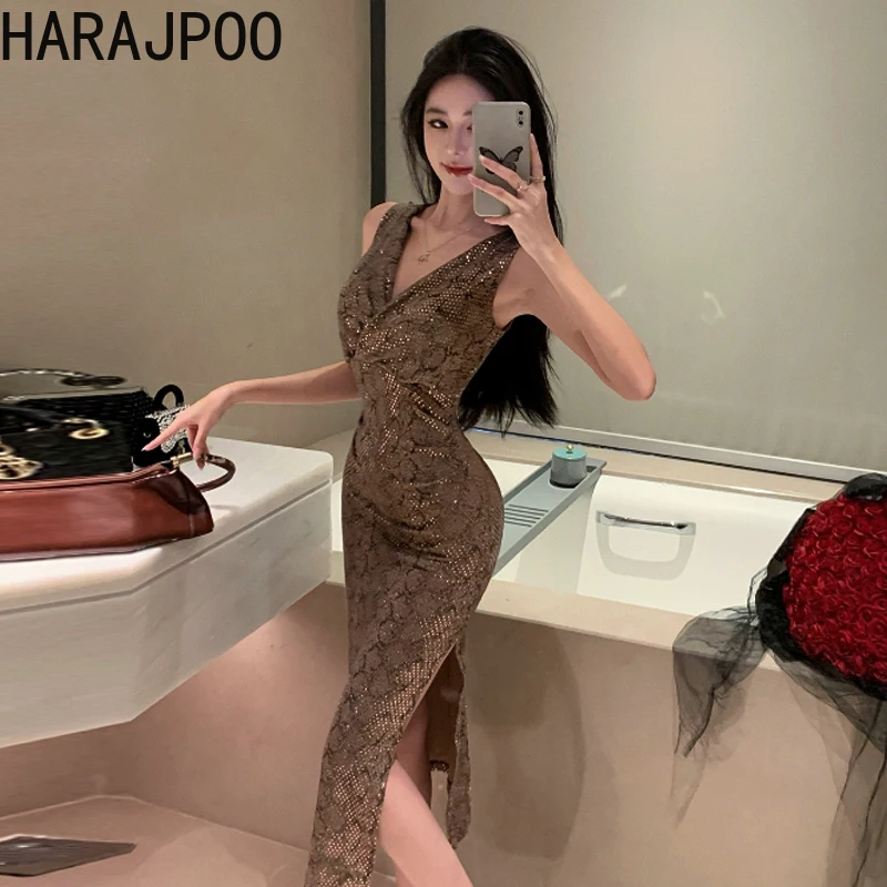 

Женское банкетное платье с блестками Harajpoo, элегантное банкетное платье средней длины с V-образным вырезом и высокой талией