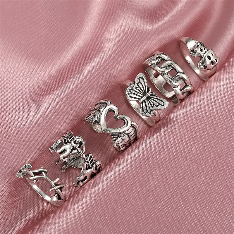 Punk Gothic Heart Ring Set for Women Black Dice Vintage Spades Ace Silver Plated Retro Rhinestone Charm Billiards Finger Jewelry 