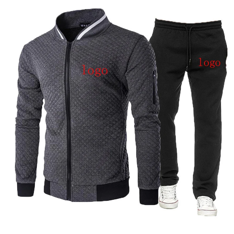 Customized Logo Printing Fashion 2023 New Man's Jacket Zipper Round Collar Cotton Long Sleeve Tracksuit Sweatpants 2-Piece Set
