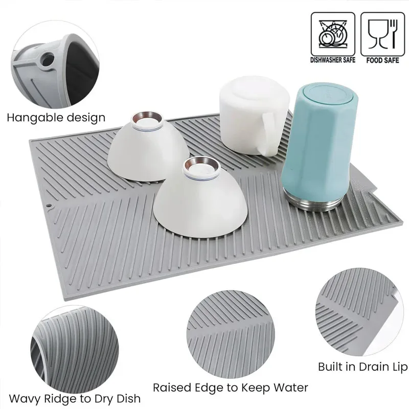 Silicone Draining Board Mat Drying Pad Folding Heat Machine Mat Raised Edges Countertop Mats Dish Kitchen Pot Cup