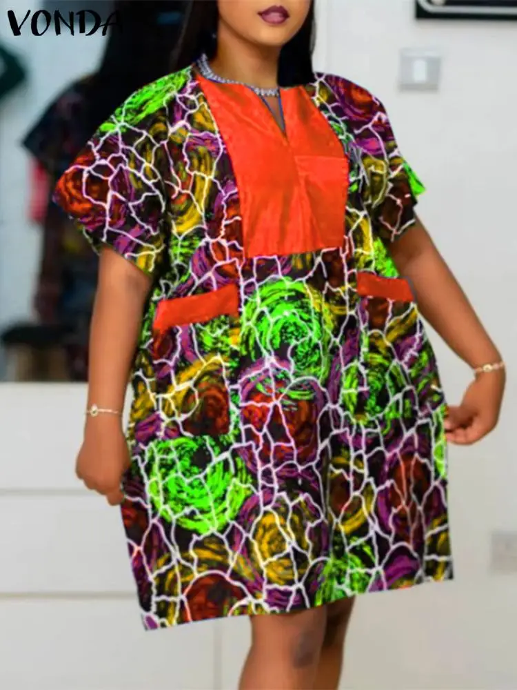 

Plus Size VONDA Women Dress 2024 Summer Printed Mini Sundress Sexy V Neck Short Sleeve Party Dress Beach Vestidos Casual Robe