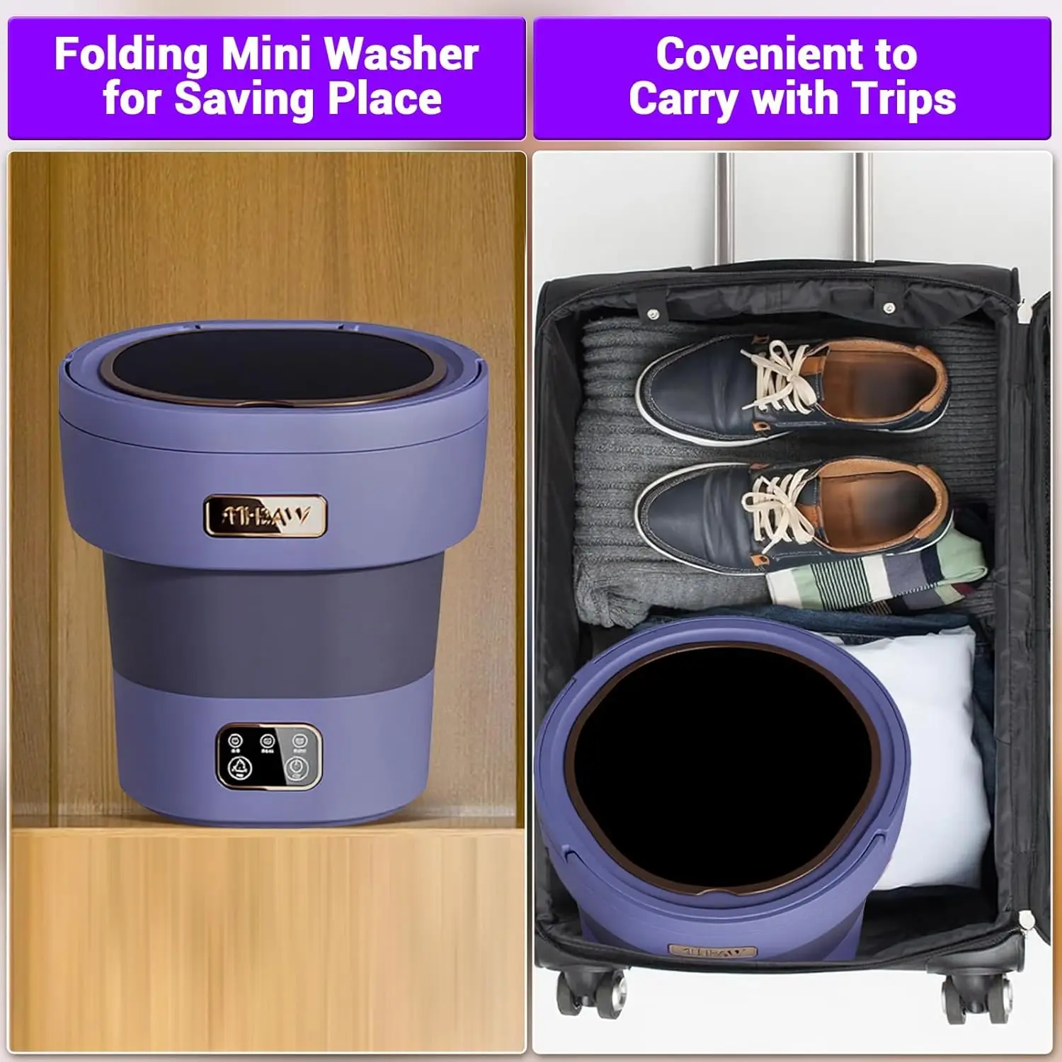 Green 12L Collapsible Mini Washing Machine & Dryer - Deep Clean for Underwear, Socks & Small Clothes - Compact Laundry Solution for Apartments, Dorms, Hotels & Travel - with Spin Basket - Light Purple (American Standard) 6