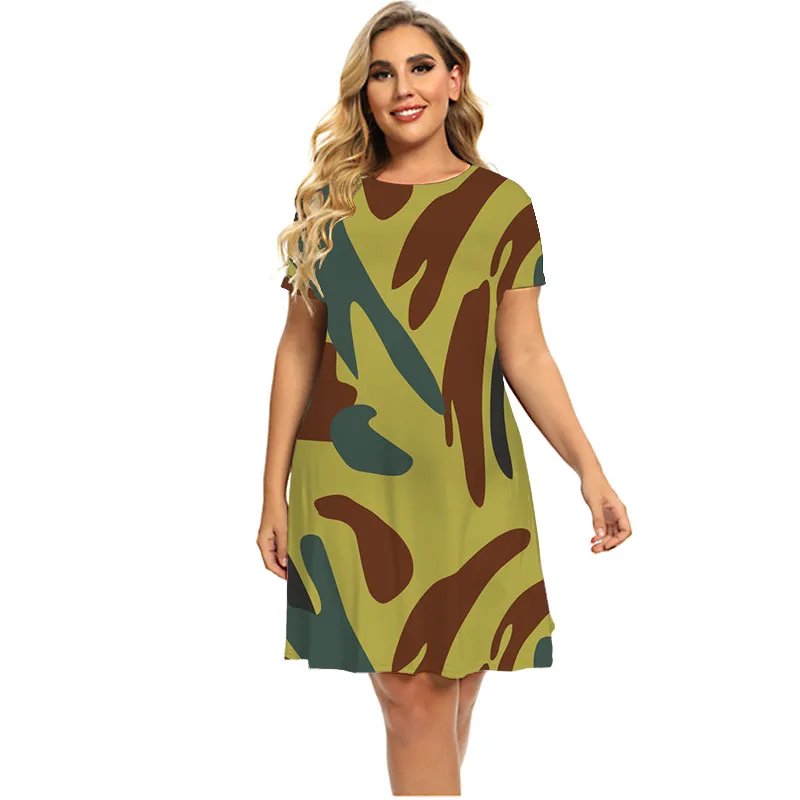 Military Camouflage Print Dress Plus Size Women Short Sleeve Loose ...