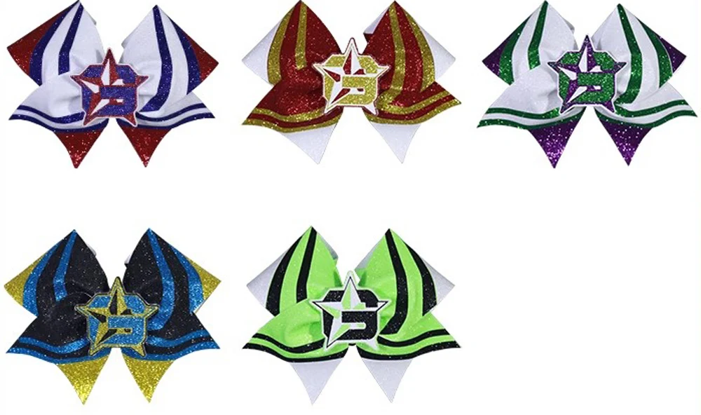 Girls' Glitter Gradient Bow, Cheerleader Hairbow, Made Print Letters, 6Pcs