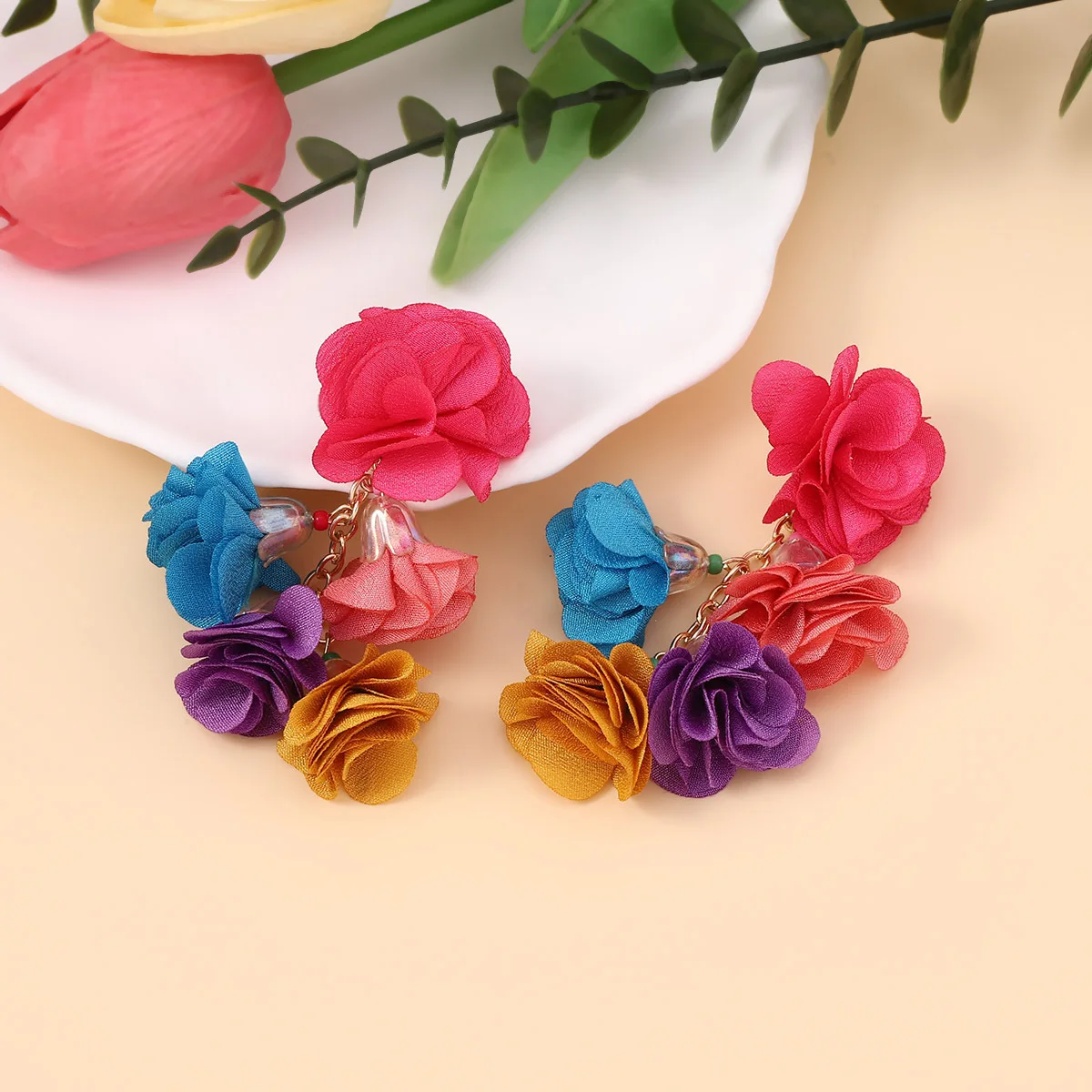 Exaggerated Boho Colorful Cloth Simulation Flowers Tassel Drop DangLe Earrings for Women Floral Eye-catching Statement Jewelry 4