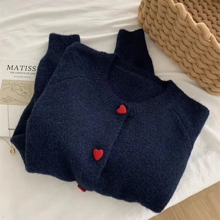 Deep Grey Wool Knitted Cardigan For Women 2025 Autumn Winter Soft And Sticky Warm Love Buckle Shoulder Sleeves