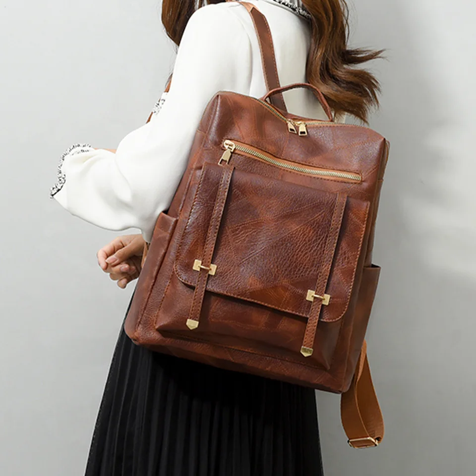 Womens Backpack Vintage Pu Leather Daypack Brown Casual Travel Retro Student School Bag