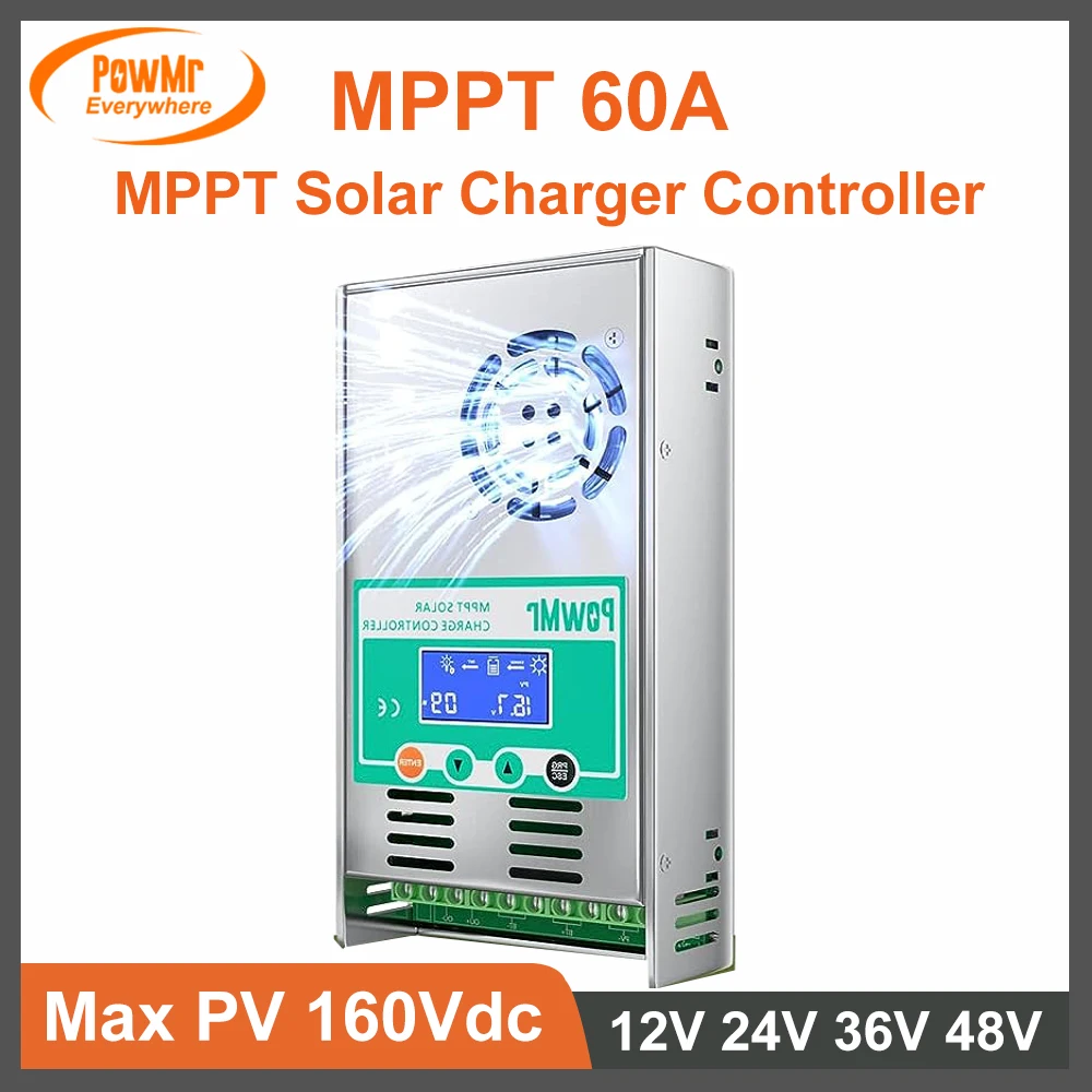 

PowMr MPPT 60A Solar Charge Controller 12V 24V 36V 48V Auto Max Solar PV Power Input 160V LCD Blacklight Dispaly Solar Regulator