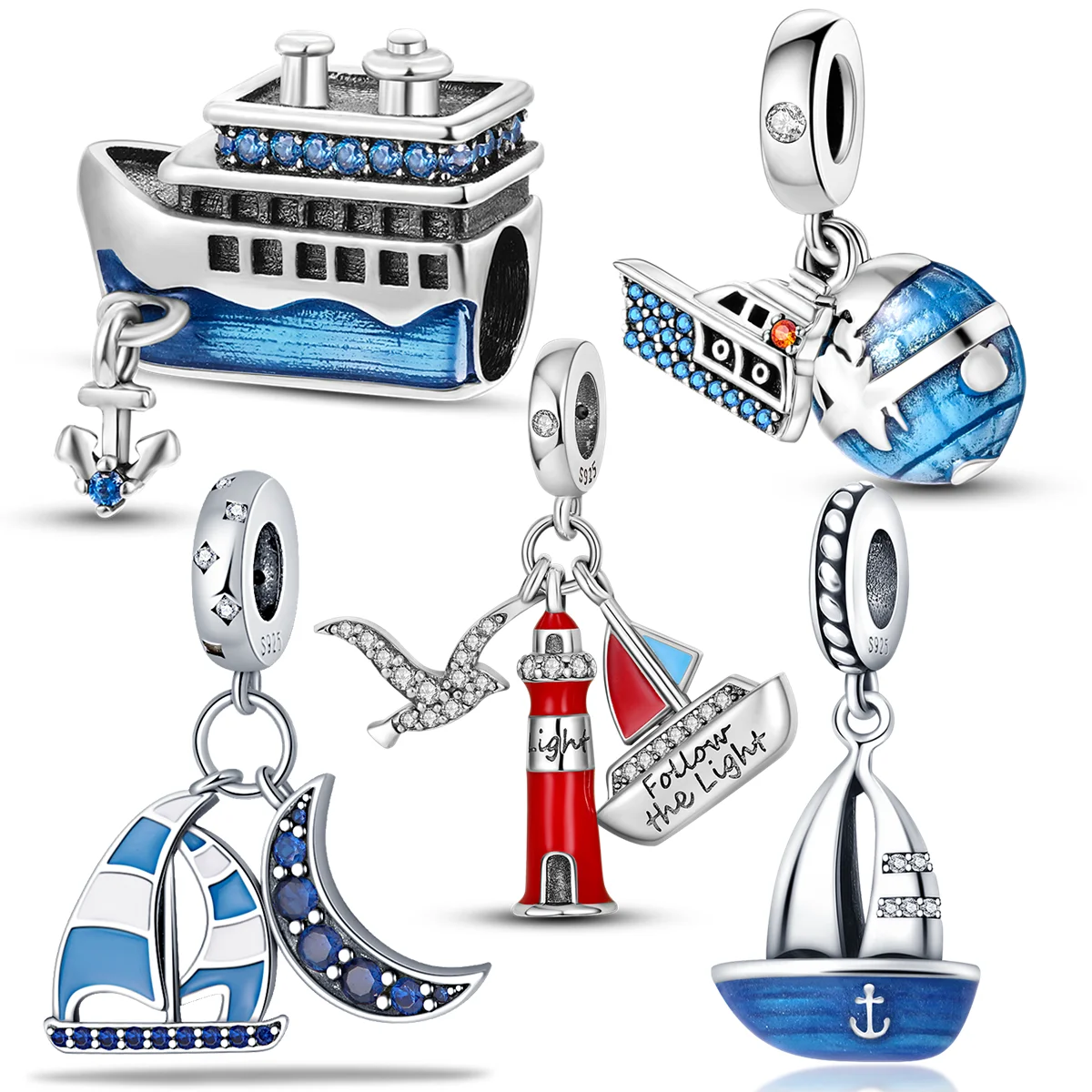 925 Silver Steamboat Anchor Sparkling Blue CZ Yacht Beads Fit Pandora