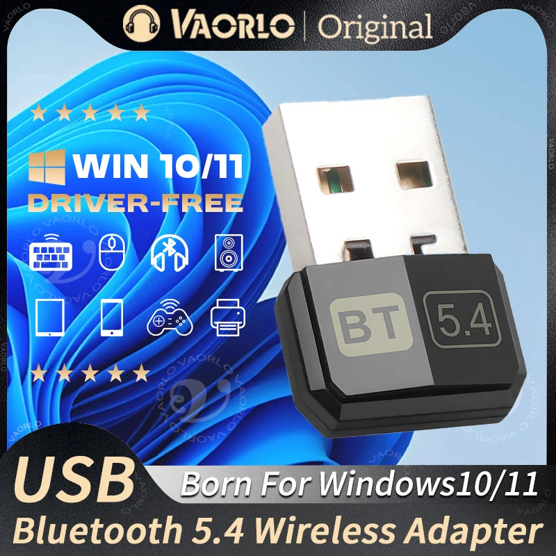 VAORLO Bluetooth 5.4 Adapter PC/Laptop USB Bluetooth Receiver Dongle Wireless Computer Adapter For Mouse Keyboard Win10/11 Driver Free