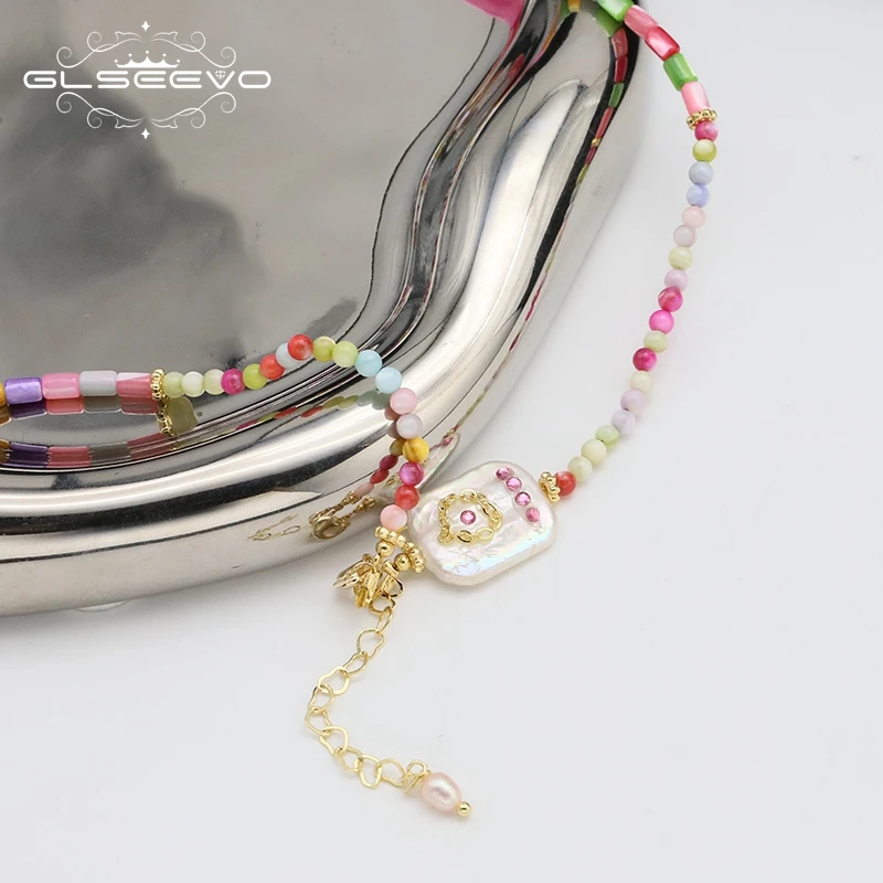 GLESEEVO 여성용 스퀘어 바로크 진주 세트, 목걸이 펜던트, 심플한 패션, 반짝이는 쇄골 체인, 웨딩 쥬얼리, 파티 선물