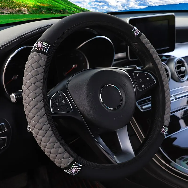 Car Steering Wheel Cover 37-38cm Without Inner Ring Three-dimensional Leather Embroidered Diamond-encrusted Breathable