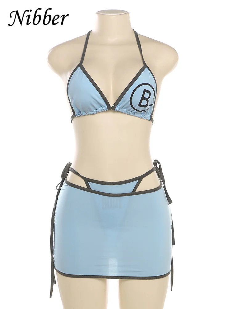 Nibber Letter Print 3Piece Set Women Sexy Summer Beach Vacation Bra+Bandage Briefs+Skirts Hipster Midnight Matching Clubwear 6