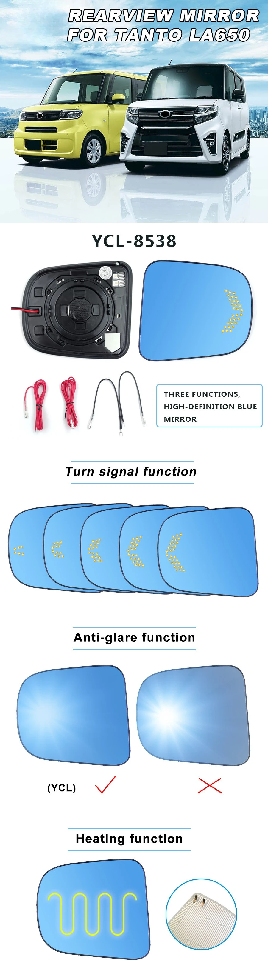 for TANTO LA650 2Pcs Car Rearview Mirror Heating Wide Angle Dynamic Turn Signal Anti-glare HD Blue Mirror Reversing Mirrors detail image 1