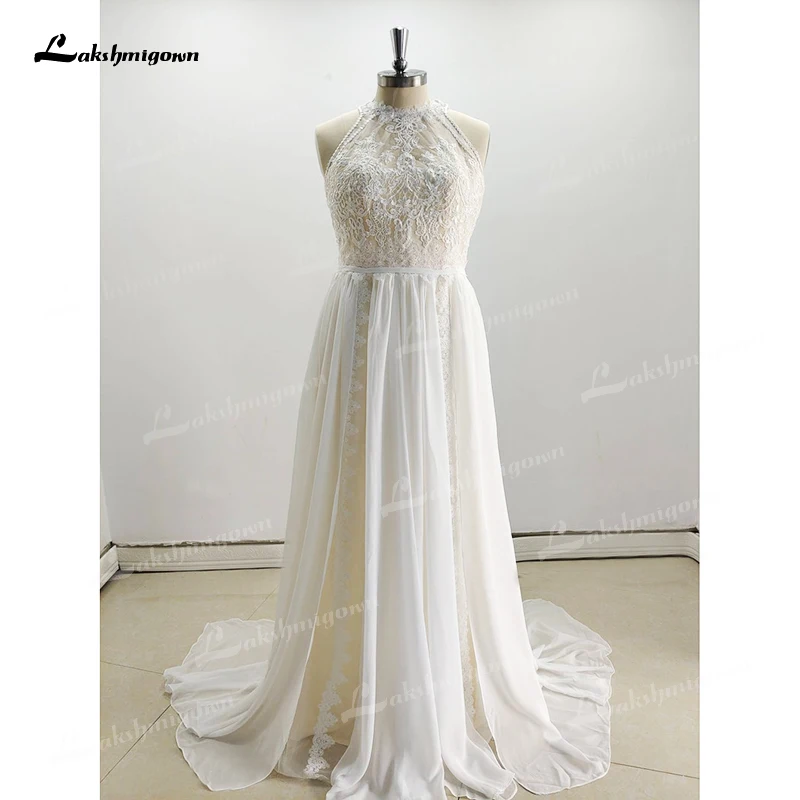 Boho Beach Halter Backless Appliques Lace A-Line Wedding Dresses 2022 Chiffon Bridal Gown Sweep Floor-Length Sashes robes tea length wedding dress