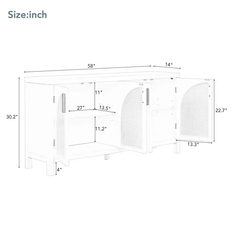 White Large Storage Space Sideboard with Artificial Rattan Door