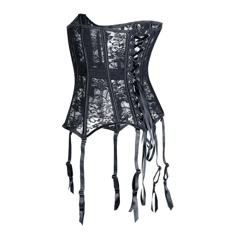 Women Black Bustiers & Corsets Cincher Sexy With Garter Belt Lace Mesh Breathable Underbust Corset Waist Trainer Slim Bustiers