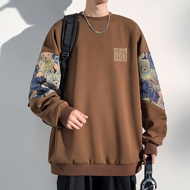 Autumn New Men's Sweatshirts Bear Parttern Patchwork Oversized Male Clothing Embroidery Design Round Neck Pullover Tops 2