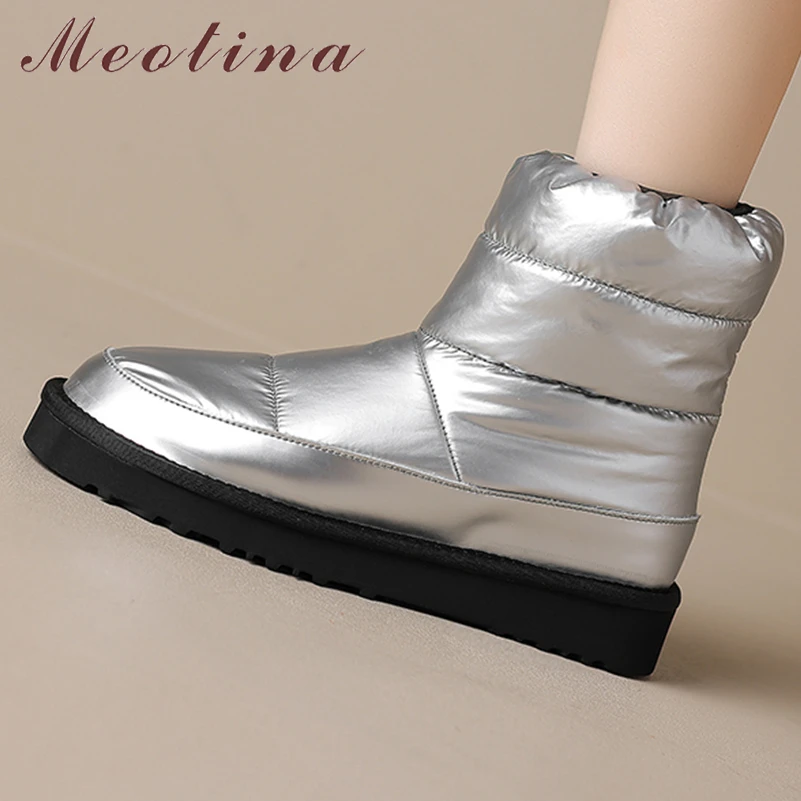 

Meotina Women Ankle Short Boots Round Toe Flat Platform Mid Heels Platform Wool Snow Boots Ladies Fashion Shoes Winter Silver 43