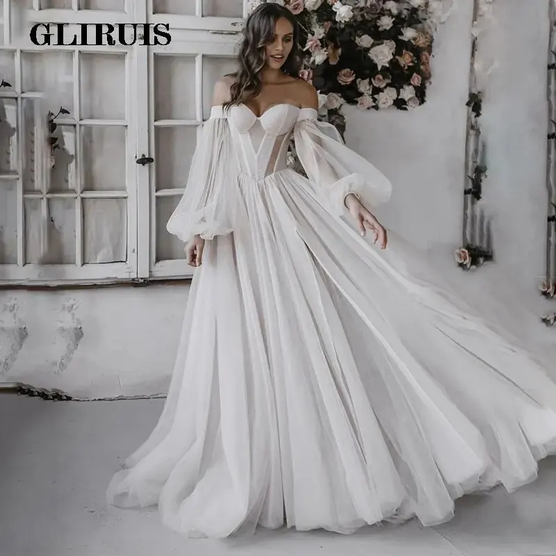 

New Arrival Sweetheart Wedding Dress See Through 3/4 Puffy Sleeves Sexy Off the Shoulder Tulle Boho Bridal Gown