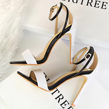 Women Black-White Concise Leather 11cm High Heels Sandals Lady Adjustable Ankle Buckle Shoes Female Fashion Party Dress Shoes 1