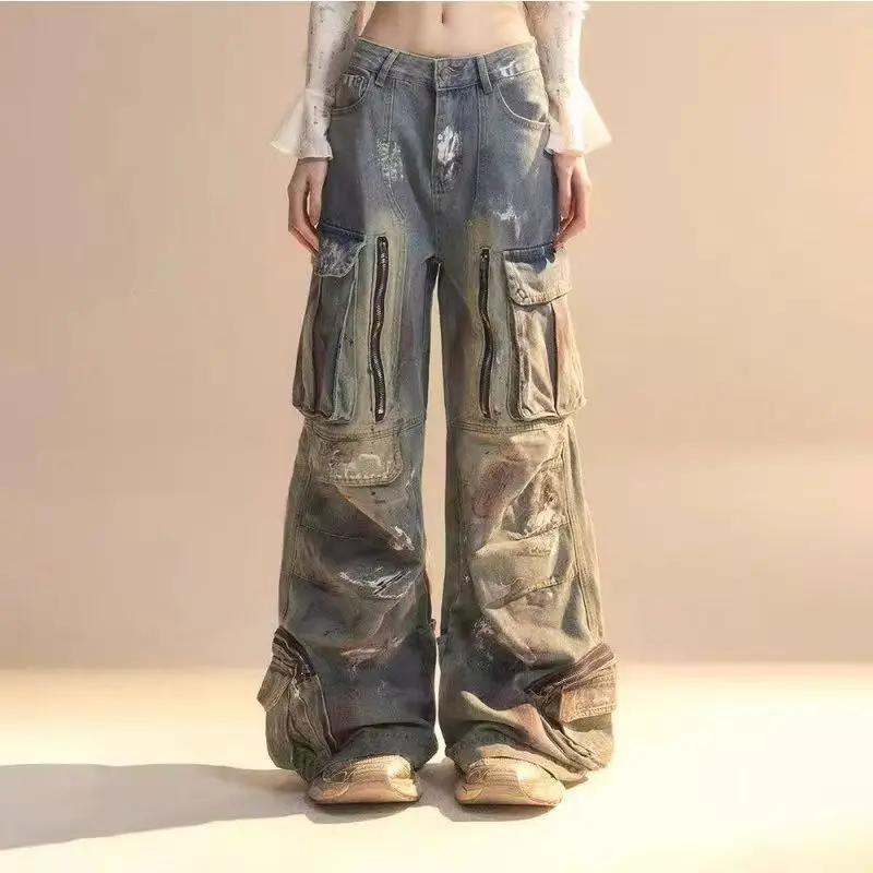 Y2K Harajuku Gothic Multi-Pocket Washed Black Jeans Men And Women 2000s Heavy Industry Drag Pants Street Hip Hop Wide Leg Pants 6
