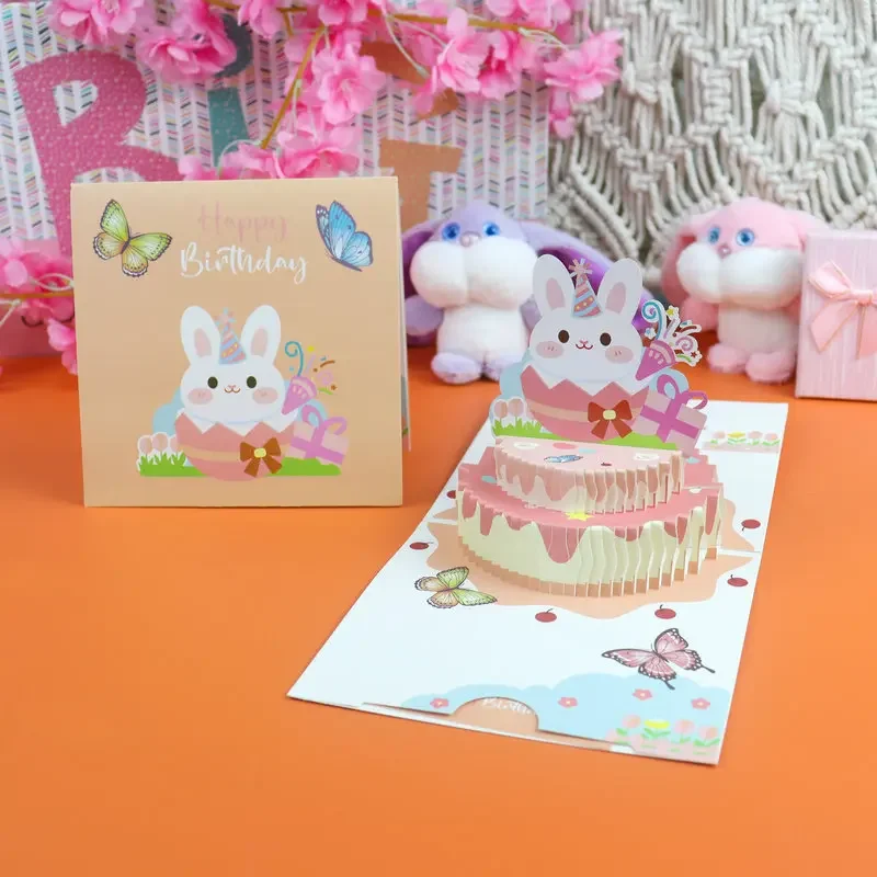 Pop up style cartoon cute birthday cake greeting cards 3D stereoscopic student birthday gift holiday blessing greeting card gift