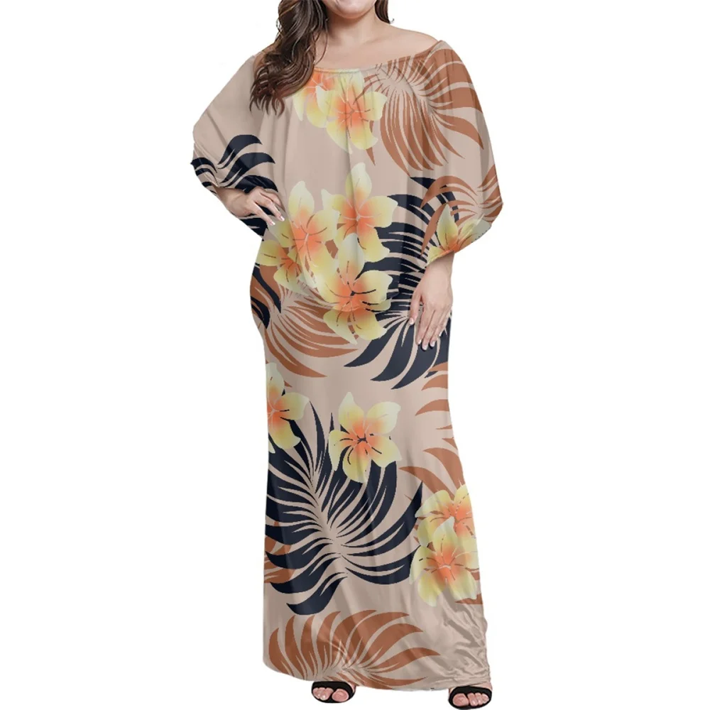 

Knitted Party Wedding Fall Off Shoulder Bodycon Maxi Shawl Women Frill Dresses Clothing Polynesian Tribal Custom Print Design
