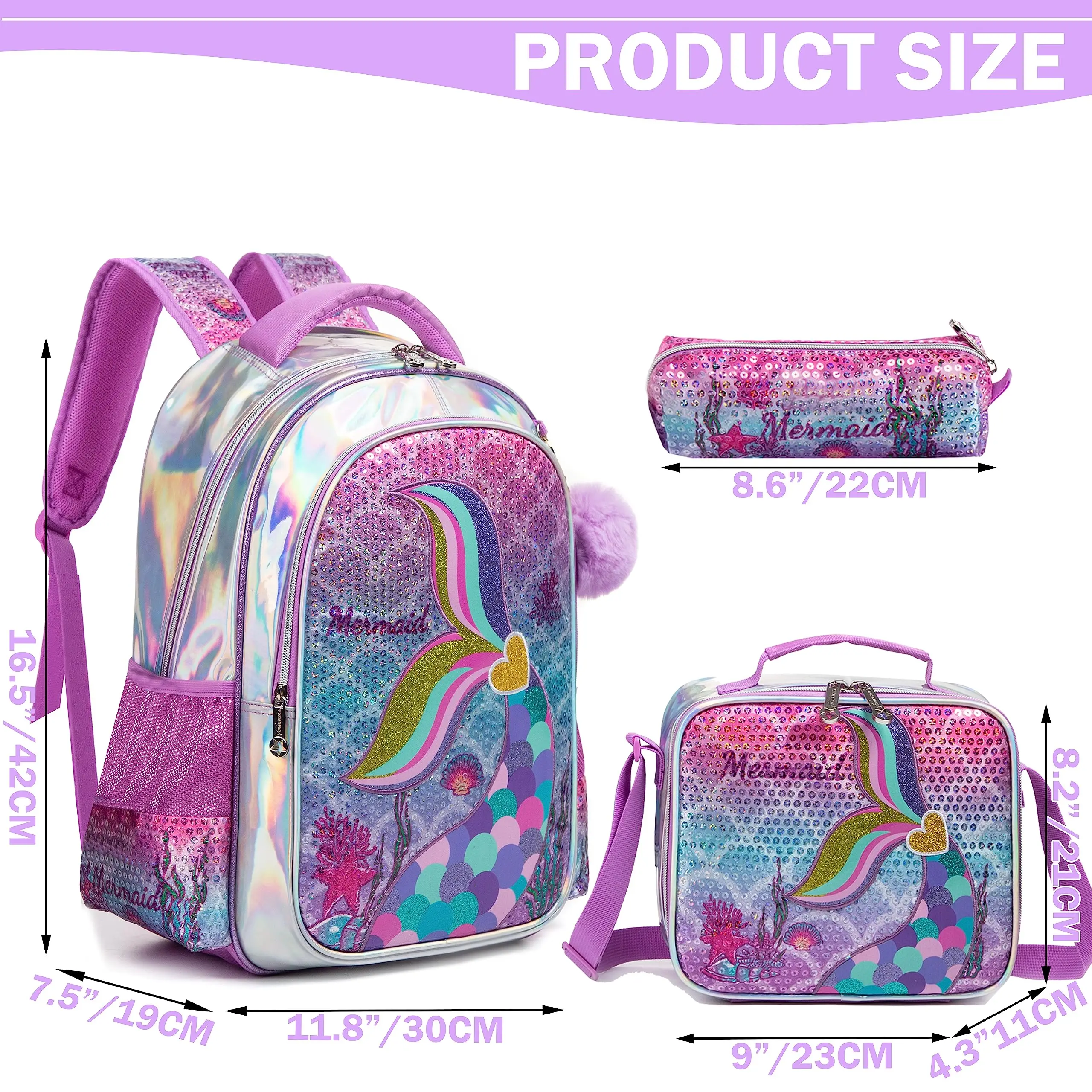 Meetbelify Mermaid Backpack for Girls Backpack with Lunch Box Set for Elementary Student Kids School Bag for Girls Ages 5-8Year 2
