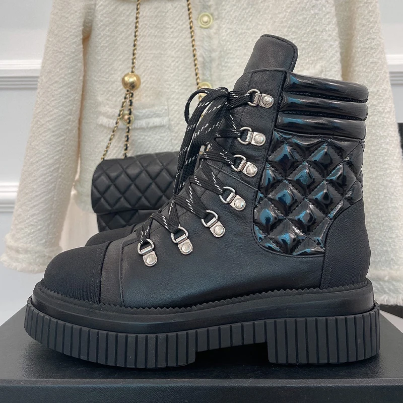 

Female Winter Leather Boots 2023 New Sewing Upper Design Height Increasing Ankle Boots Round Toe Platform Ladies Lace-up Shoes