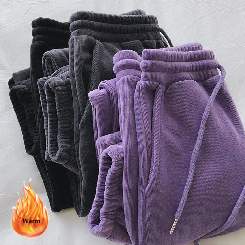 Штаны-джоггеры женские с флисовой подкладкой, Однотонные эластичные шаровары с высокой талией в стиле Харадзюку, теплые брюки до щиколотки, Осень-зима