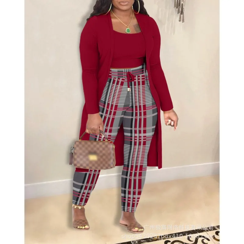 

Printed Coat Cardigan High Waist Trousers Y2K Solid Color Vest Tops Women Autumn Skinny Pencil Pants Three-Piece Set Vest