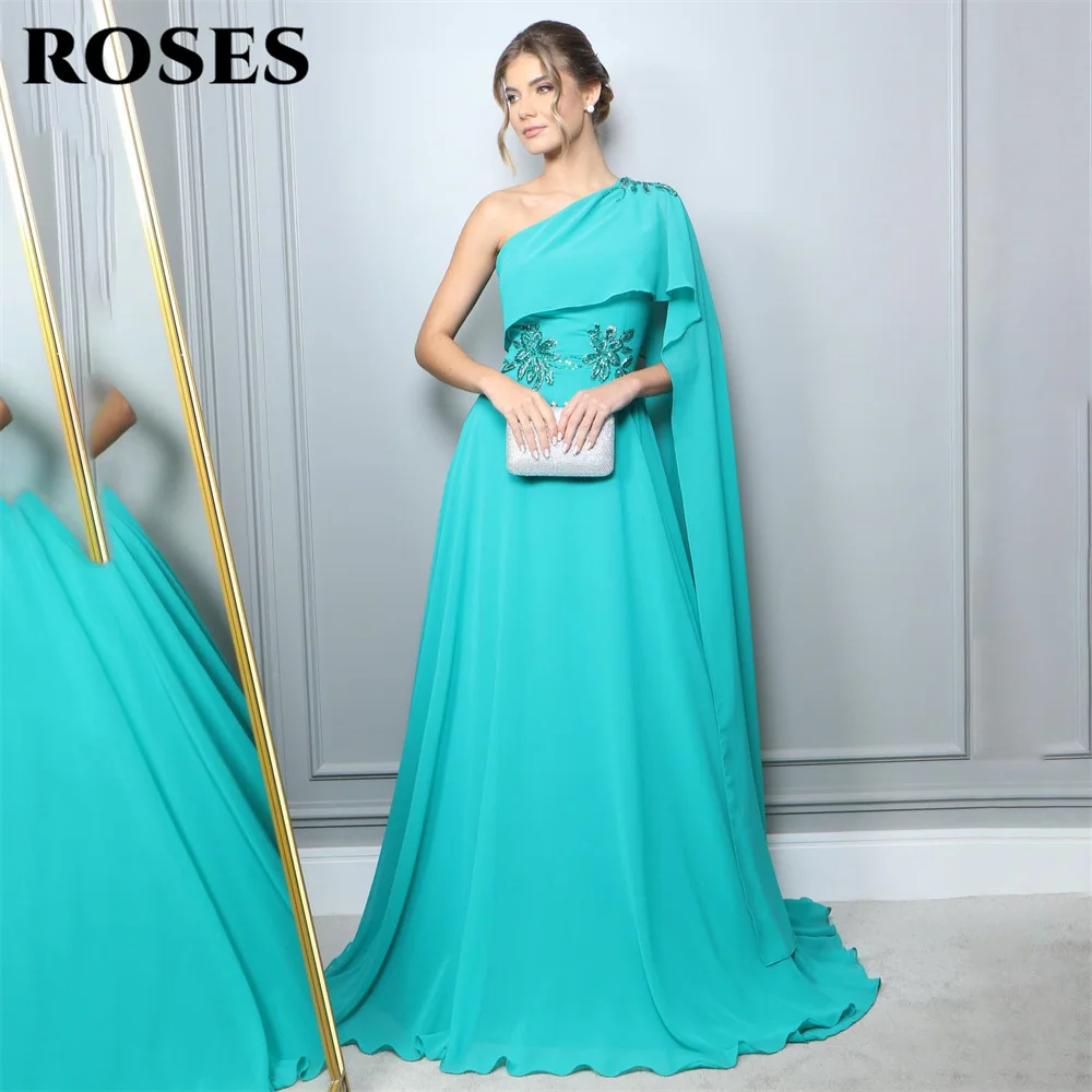 

ROSES Green Chiffion Prom Dress One Shoulder Celebrity Dresses Women's Evening Dress Beach Appliques Lace Formal Gown 프롬 드레스