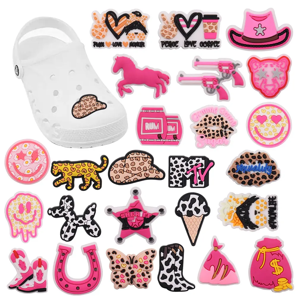 

Good Quality 1-25pcs Shoe Charms Butterfly Smiling Face Leopard Accessorie PVC Shoe Decoration DIY For Croc Jibz Fit Wristbands