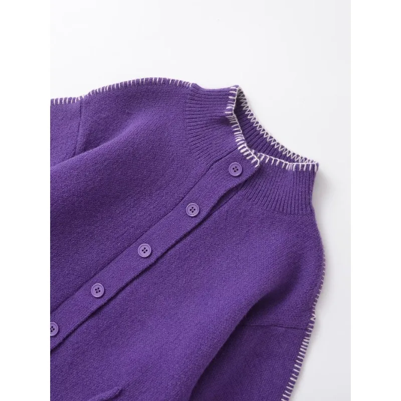 Cropped Cardigan Long Sleeve Cozy Sweaters Purple O-neck