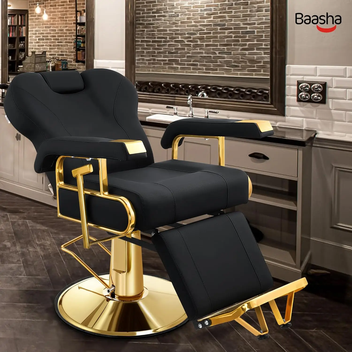 Baasha Professional Reclining Salon Chair with Adjustable Backrest, Elegant Black Gold Barber Chair with Heavy Duty Steel Fram